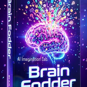 Puede incluir: Portada del libro "Brain Fodder" con una ilustración de cerebro brillante. El diseño es azul oscuro con acentos y texto de neón. El libro promete "30 indicaciones de conocimiento inútiles infinitas que arruinarán tu sueño (de la mejor manera)".