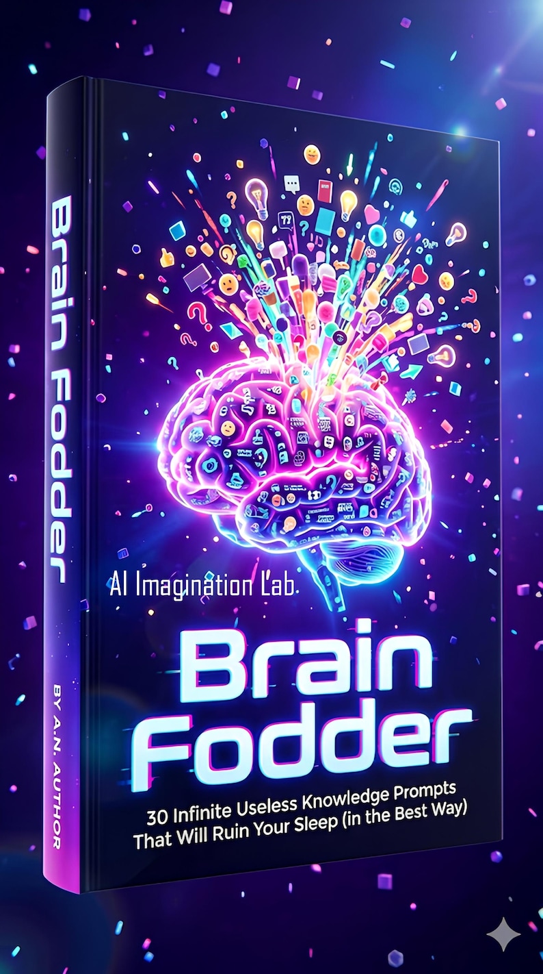 Może przedstawiać: Okładka książki "Brain Fodder" z ilustracją świecącego m&oacute;zgu. Projekt jest ciemnoniebieski z neonowymi akcentami i tekstem. Książka obiecuje "30 Nieskończonych Bezsensownych Podpowiedzi Wiedzy, Kt&oacute;re Zrujnują Tw&oacute;j Sen (W Najlepszy Spos&oacute;b)".