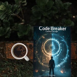 May include: A book titled "Code Breaker: A Journey of the Ages" with a futuristic design, a cup of coffee, and greenery. The book cover features a silhouette of a person standing before a technological design.