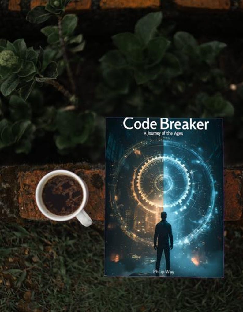 May include: A book titled "Code Breaker: A Journey of the Ages" with a futuristic design, a cup of coffee, and greenery. The book cover features a silhouette of a person standing before a technological design.