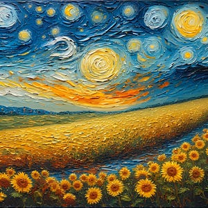 Op de afbeelding: Impasto olieverfschilderij van een zonnebloemveld onder een wervelende nachthemel. De lucht is diepblauw met gele sterren en een heldere gele zon. Het veld is gevuld met gele zonnebloemen.