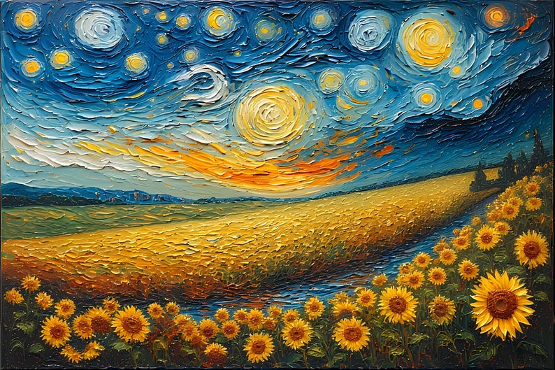 Op de afbeelding: Impasto olieverfschilderij van een zonnebloemveld onder een wervelende nachthemel. De lucht is diepblauw met gele sterren en een heldere gele zon. Het veld is gevuld met gele zonnebloemen.