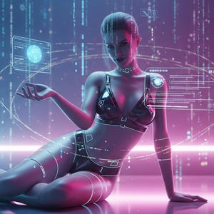 May include: A futuristic digital art piece featuring a person in a black outfit, surrounded by glowing blue and pink digital interfaces. The person is seated, with a hand extended towards a holographic display, creating a sci-fi aesthetic.
