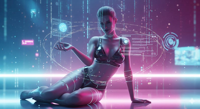 May include: A futuristic digital art piece featuring a person in a black outfit, surrounded by glowing blue and pink digital interfaces. The person is seated, with a hand extended towards a holographic display, creating a sci-fi aesthetic.