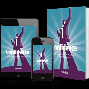 以下が含まれることがあります： 書籍、タブレット、スマートフォンに、Philip Way著「Confidence」の表紙が表示されています。表紙には、腕を上げたスーツ姿の人物の紫色のイラストが、放射線状の線が入った青色の背景に描かれています。