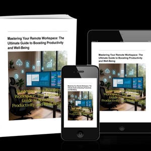 K&ouml;nnte beinhalten: Ein wei&szlig;es Buch, ein Tablet und ein Smartphone zeigen das Cover eines Buches mit dem Titel "Mastering Your Remote Workspace: The Ultimate Guide to Boosting Productivity and Well-Being". Die Ger&auml;te befinden sich auf schwarzem Hintergrund.