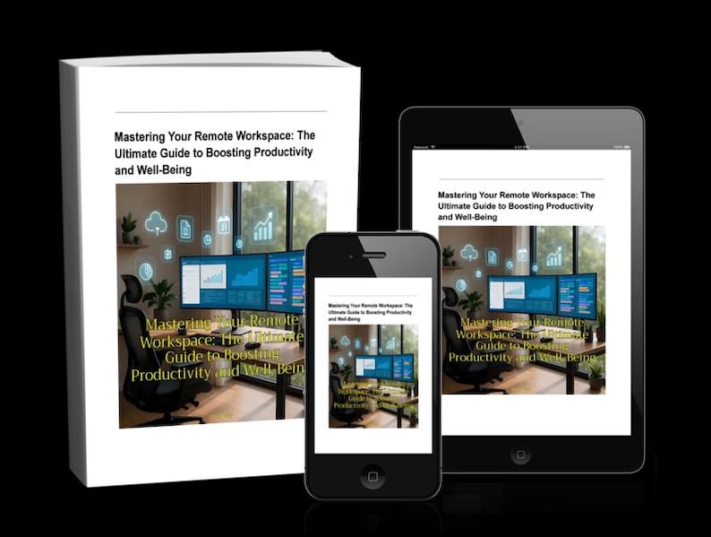 K&ouml;nnte beinhalten: Ein wei&szlig;es Buch, ein Tablet und ein Smartphone zeigen das Cover eines Buches mit dem Titel "Mastering Your Remote Workspace: The Ultimate Guide to Boosting Productivity and Well-Being". Die Ger&auml;te befinden sich auf schwarzem Hintergrund.