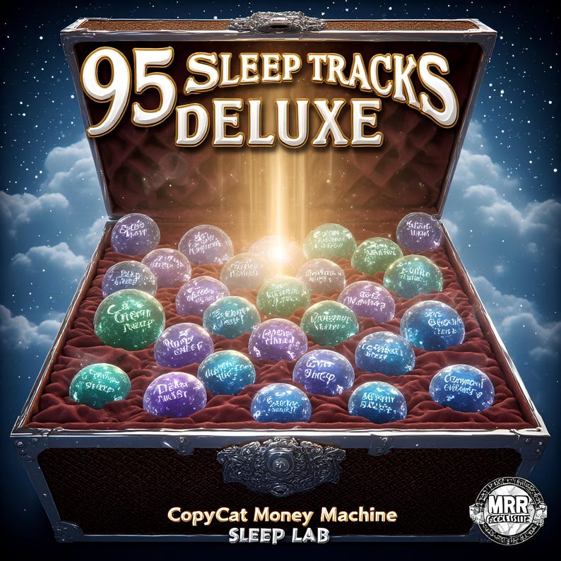 May include: An open treasure chest lined with dark red velvet, filled with glowing purple, blue, and green spheres. The text 95 SLEEP TRACKS DELUXE appears at the top, with CopyCat Money Machine SLEEP LAB and an MRR logo at the bottom.