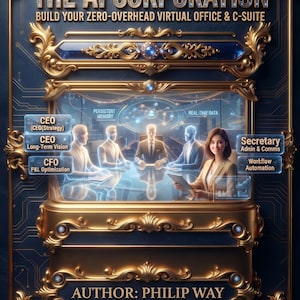 Könnte beinhalten: Ein digitales Plakat mit dem Titel THE AI CORPORATION, BUILD YOUR ZERO-OVERHEAD VIRTUAL OFFICE & C-SUITE, das ein Meeting von KI-Figuren und einer Frau zeigt, mit Beschriftungen für CEO, CFO und Secretary, signiert von AUTHOR: PHILIP WAY.
