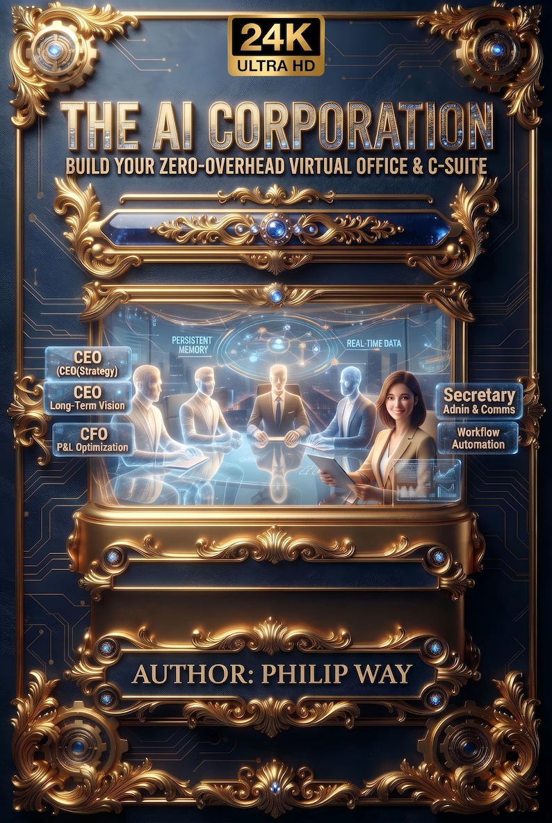 May include: A digital poster titled THE AI CORPORATION, BUILD YOUR ZERO-OVERHEAD VIRTUAL OFFICE & C-SUITE, featuring a central window showing a meeting of AI figures and a woman, with labels for CEO, CFO, and Secretary, signed by AUTHOR: PHILIP WAY.