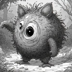Op de afbeelding: Een zwart-wit illustratie van een harig, rond wezen met een groot, enkel oog. Het wezen heeft kleine oren, armen en voeten, staand op een pad in een bos. Het kunstwerk is gedetailleerd met schaduwen.