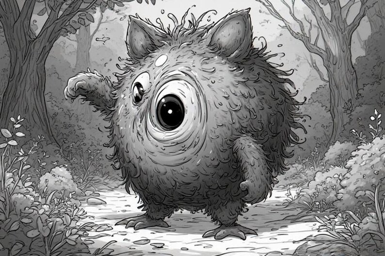 Op de afbeelding: Een zwart-wit illustratie van een harig, rond wezen met een groot, enkel oog. Het wezen heeft kleine oren, armen en voeten, staand op een pad in een bos. Het kunstwerk is gedetailleerd met schaduwen.