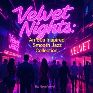 May include: A neon-lit image promoting an '80s-inspired smooth jazz collection. The title "Velvet Nights" is in bright pink, with the words "Velvet Jazz" and "VELVET" also in neon. A crowd of people walks towards the viewer.