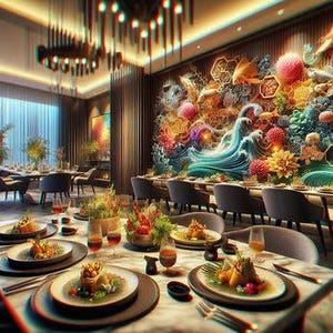 K&ouml;nnte beinhalten: Ein Esszimmer f&uuml;r ein formelles Abendessen. Der Tisch ist mit Tellern mit Essen, Gl&auml;sern und Besteck gedeckt. Der Hintergrund zeigt ein farbenfrohes Wandbild einer Unterwasserszene mit einer Welle, Korallen und Fischen.