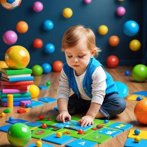 Op de afbeelding: Een jong kind zit op een houten vloer en speelt met een kleurrijke alfabetpuzzel. De puzzelstukken zijn in een pad gerangschikt en bevatten letters, cijfers en afbeeldingen. Het kind draagt een blauwe vest en jeans. Er liggen kleurrijke ballen verspreid in de kamer.