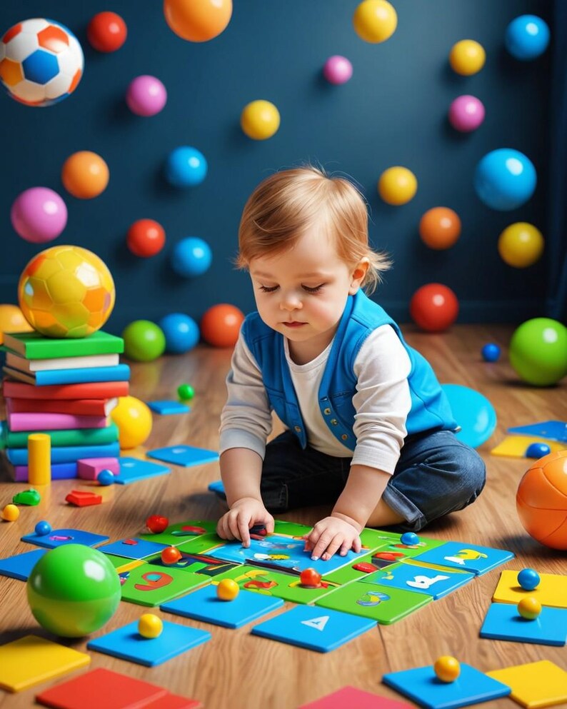 Op de afbeelding: Een jong kind zit op een houten vloer en speelt met een kleurrijke alfabetpuzzel. De puzzelstukken zijn in een pad gerangschikt en bevatten letters, cijfers en afbeeldingen. Het kind draagt een blauwe vest en jeans. Er liggen kleurrijke ballen verspreid in de kamer.