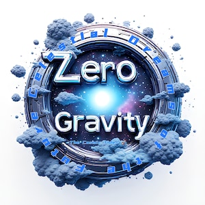 May include: A digital art piece featuring a circular design with the words "Zero Gravity" in a futuristic font. The design includes a starry background, blue clouds, and the text "Celestial Dreams" around the outer edge.