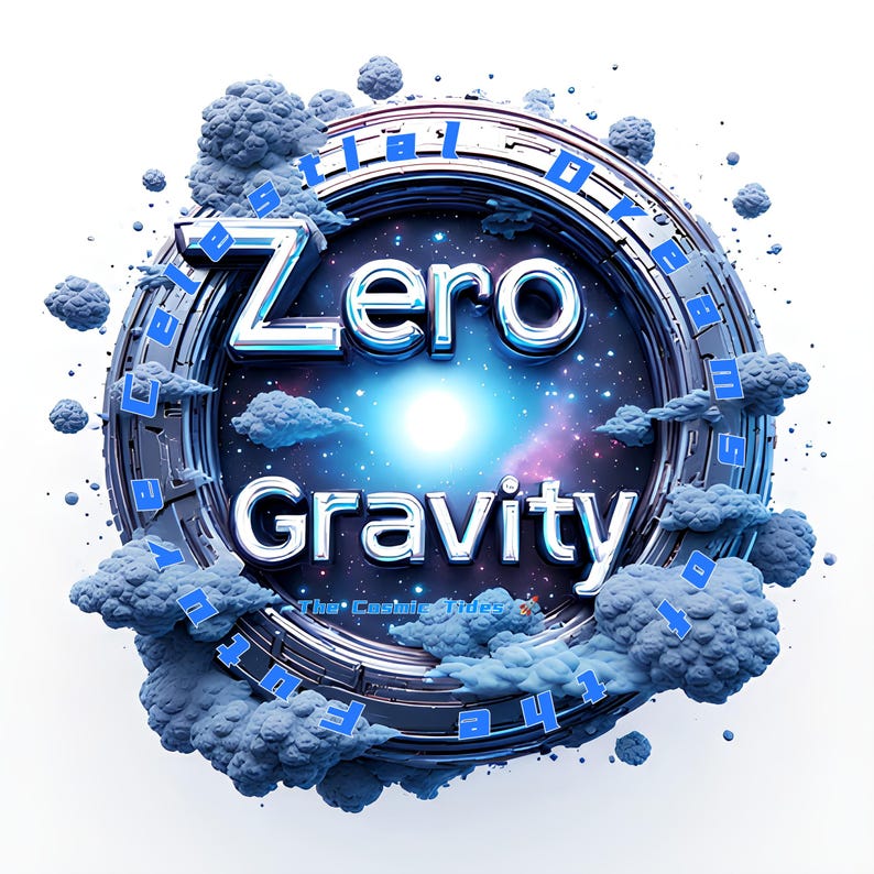 May include: A digital art piece featuring a circular design with the words "Zero Gravity" in a futuristic font. The design includes a starry background, blue clouds, and the text "Celestial Dreams" around the outer edge.