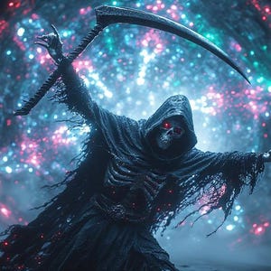 Puede incluir: Ilustraci&oacute;n digital de la Parca, una figura esquel&eacute;tica con una capa negra con capucha, sosteniendo una guada&ntilde;a. Los ojos de la Parca brillan en rojo sobre un fondo de una nebulosa estelar colorida.