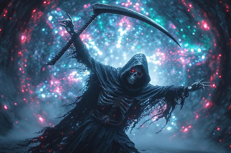 Puede incluir: Ilustraci&oacute;n digital de la Parca, una figura esquel&eacute;tica con una capa negra con capucha, sosteniendo una guada&ntilde;a. Los ojos de la Parca brillan en rojo sobre un fondo de una nebulosa estelar colorida.