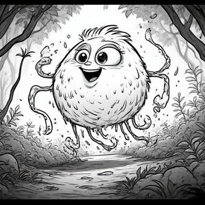 Op de afbeelding: Zwart-wit illustratie van een cartoonmonster met een pluizig lichaam, grote ogen en een brede glimlach. Het monster heeft meerdere tentakelachtige aanhangsels en bevindt zich in een boslandschap met bomen en bladeren.