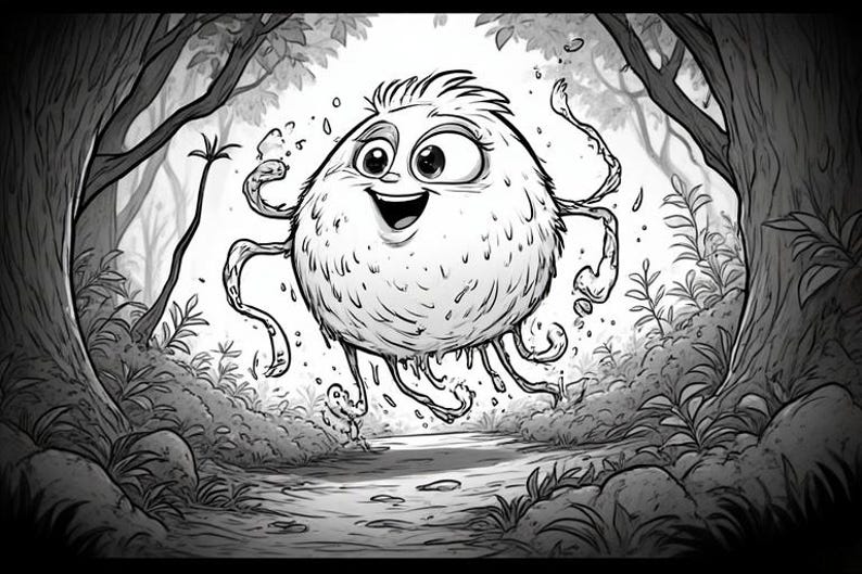 Op de afbeelding: Zwart-wit illustratie van een cartoonmonster met een pluizig lichaam, grote ogen en een brede glimlach. Het monster heeft meerdere tentakelachtige aanhangsels en bevindt zich in een boslandschap met bomen en bladeren.