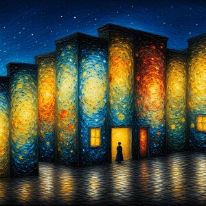 Op de afbeelding: Een artistiek schilderij toont een rij gebouwen onder een sterrenhemel. De gebouwen hebben een textuur, wervelend ontwerp in tinten blauw, geel en oranje. Een figuur staat in een deuropening, verlicht door een warme gloed.