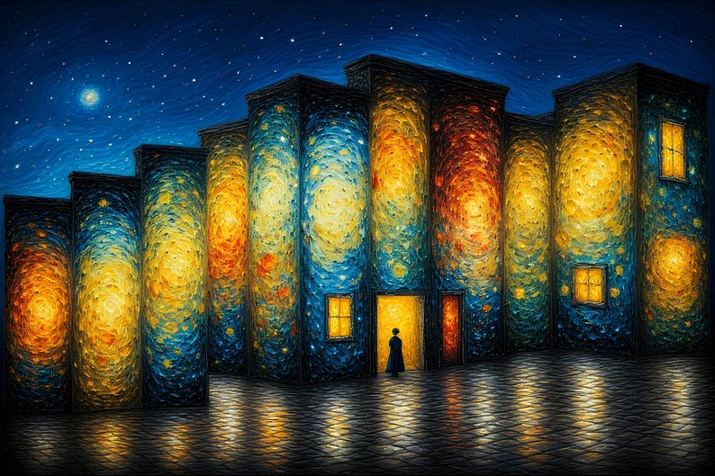 Op de afbeelding: Een artistiek schilderij toont een rij gebouwen onder een sterrenhemel. De gebouwen hebben een textuur, wervelend ontwerp in tinten blauw, geel en oranje. Een figuur staat in een deuropening, verlicht door een warme gloed.