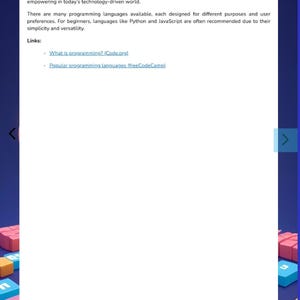 Pode incluir: Uma p&aacute;gina de documento branca intitulada What is Programming? contendo texto explicando o processo de dar instru&ccedil;&otilde;es a um computador, mencionando Python e JavaScript, e listando links para Code.org e freeCodeCamp.