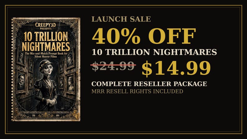 May include: A spiral-bound book titled 10 Trillion Nightmares: The Mix-and-Match Prompt Book for Silent Horror Films, featuring a cover illustration of a person in a dark, ornate room filled with framed portraits on the walls.