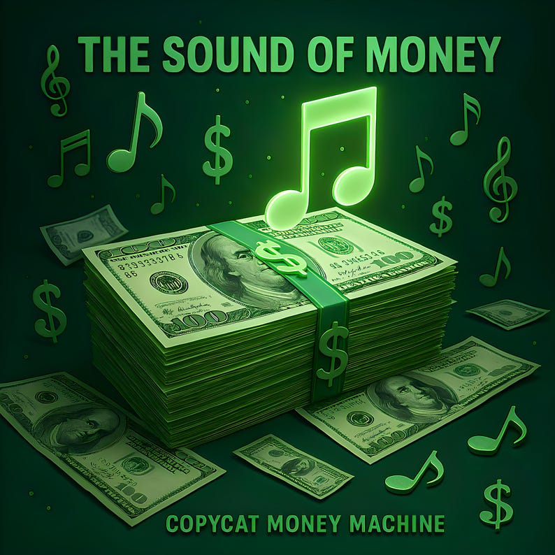 May include: A stack of US $100 bills tied with a green ribbon and a dollar sign. The bills are surrounded by green musical notes and dollar signs on a dark green background. The text "THE SOUND OF MONEY" and "COPYCAT MONEY MACHINE" are visible.
