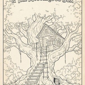 Puede incluir: Una p&aacute;gina para colorear en blanco y negro titulada The Midnight Treehouse & The Mysterious Box. Muestra un gran &aacute;rbol con una casa de madera, una escalera de cuerda, una llave colgante y un peque&ntilde;o barril en el tronco. Hay una cuadr&iacute;cula abajo.