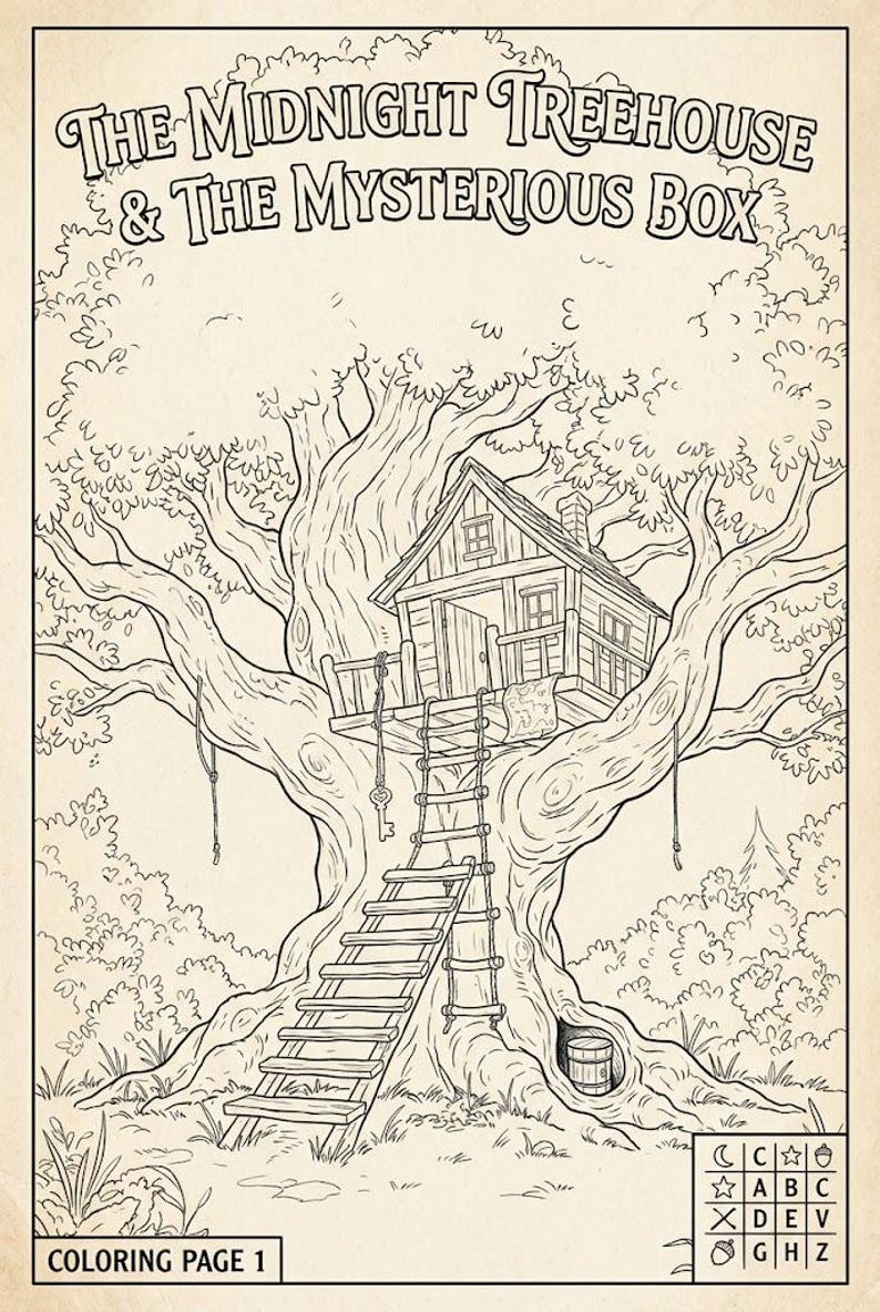 Puede incluir: Una p&aacute;gina para colorear en blanco y negro titulada The Midnight Treehouse & The Mysterious Box. Muestra un gran &aacute;rbol con una casa de madera, una escalera de cuerda, una llave colgante y un peque&ntilde;o barril en el tronco. Hay una cuadr&iacute;cula abajo.