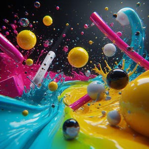 Pu&ograve; includere: Opera d'arte digitale astratta con un'esplosione di colori vivaci. Elementi gialli, blu, rosa e bianchi sono sparsi su uno sfondo scuro. Sfere e forme cilindriche sono intervallate da spruzzi di liquido.