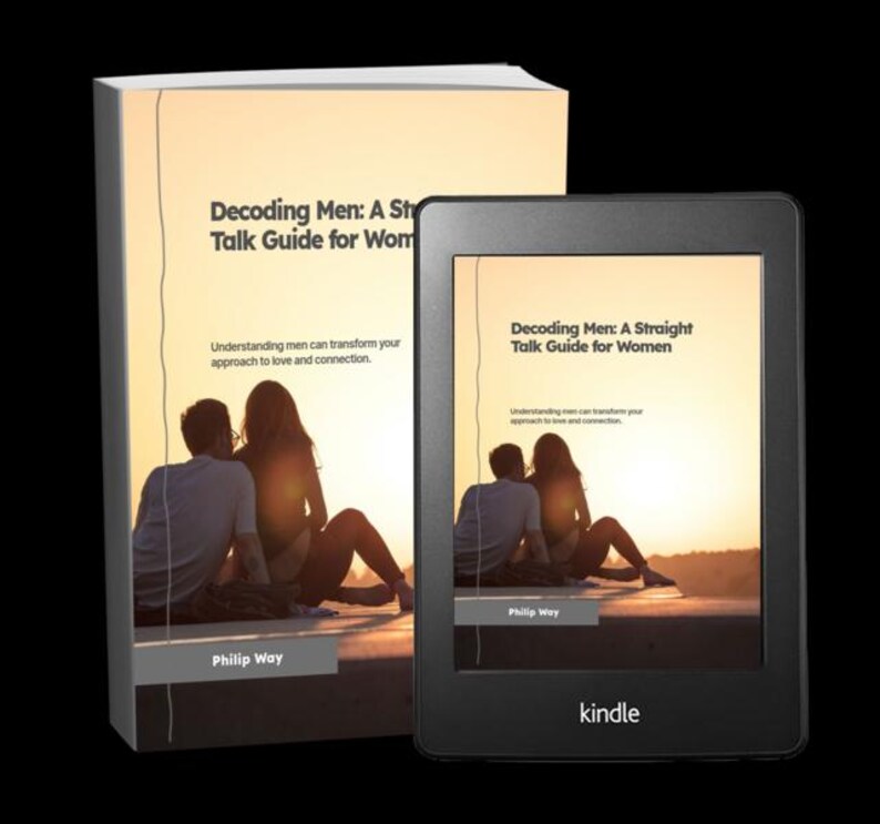 May include: A book and a Kindle e-reader displaying the cover of "Decoding Men: A Straight Talk Guide for Women." The cover art features a couple silhouetted against a sunset. The book's author is Philip Way.