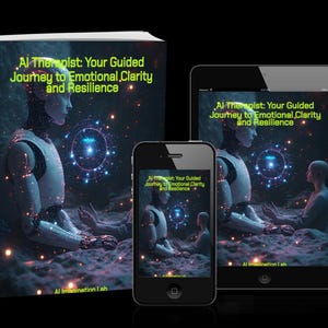 May include: A book, tablet, and smartphone display the cover of "AI Therapist: Your Guided Journey to Emotional Clarity and Resilience." The cover art features a futuristic robot and a person in a meditative pose, set against a starry background. The book is on the left.