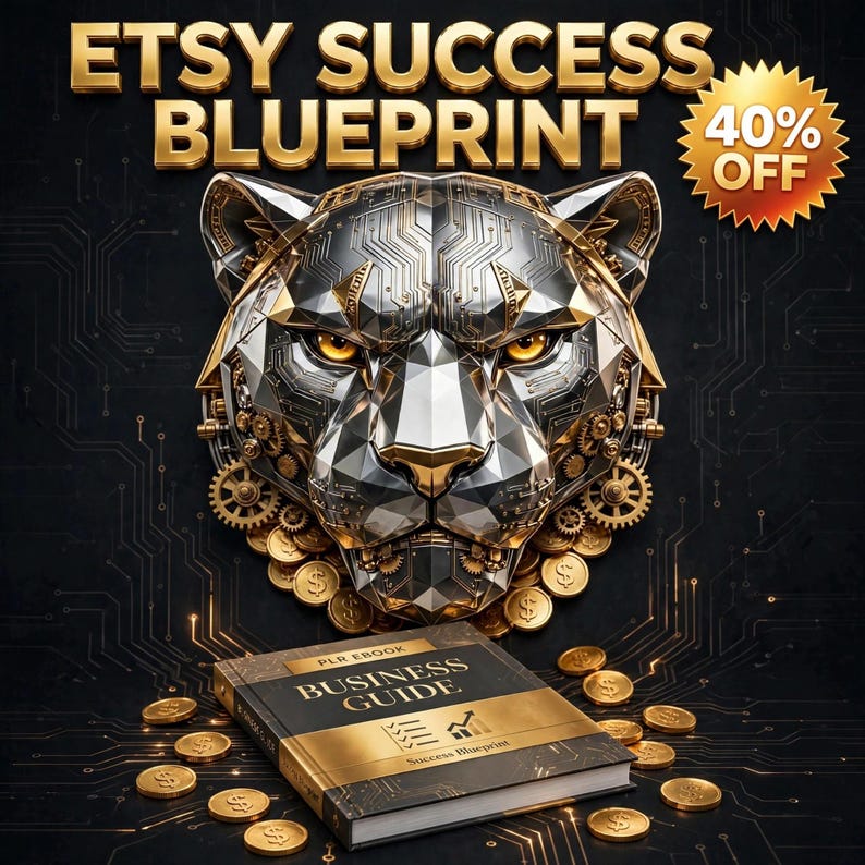 May include: A digital graphic featuring the text ETSY SUCCESS BLUEPRINT and 40% OFF. A metallic, mechanical panther head with gold and silver circuit patterns sits above a book titled PLR EBOOK BUSINESS GUIDE, surrounded by gold coins.