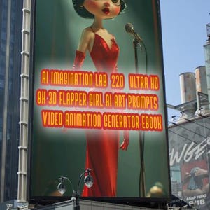 Op de afbeelding: Een groot reclamebord toont een gestileerde afbeelding van een flapper girl in een rode jurk met een microfoon. De tekst op het bord luidt "AI IMAGINATION LAB 220 ULTRA HD 8K 3D FLAPPER GIRL AI ART PROMPTS VIDEO ANIMATION GENERATOR EBOOK."