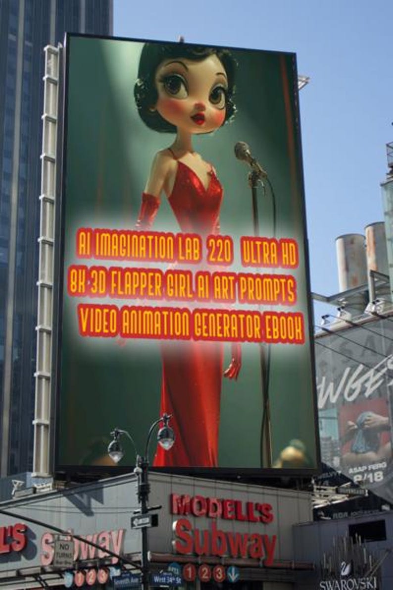 Op de afbeelding: Een groot reclamebord toont een gestileerde afbeelding van een flapper girl in een rode jurk met een microfoon. De tekst op het bord luidt "AI IMAGINATION LAB 220 ULTRA HD 8K 3D FLAPPER GIRL AI ART PROMPTS VIDEO ANIMATION GENERATOR EBOOK."