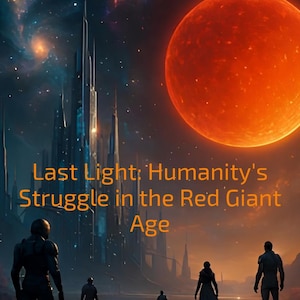 May include: Digital art book cover featuring a futuristic cityscape under a starry sky and a large red planet. The title "Last Light; Humanity's Struggle in the Red Giant Age" is displayed in orange text, with figures in the foreground.