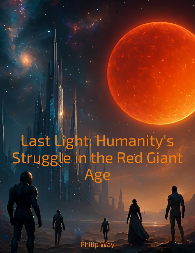 May include: Digital art book cover featuring a futuristic cityscape under a starry sky and a large red planet. The title "Last Light; Humanity's Struggle in the Red Giant Age" is displayed in orange text, with figures in the foreground.