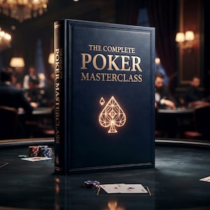 May include: A dark blue hardcover book titled The Complete Poker Masterclass in gold lettering, featuring a glowing geometric spade symbol on the front cover. The book stands upright on a dark surface with scattered poker chips and playing cards.
