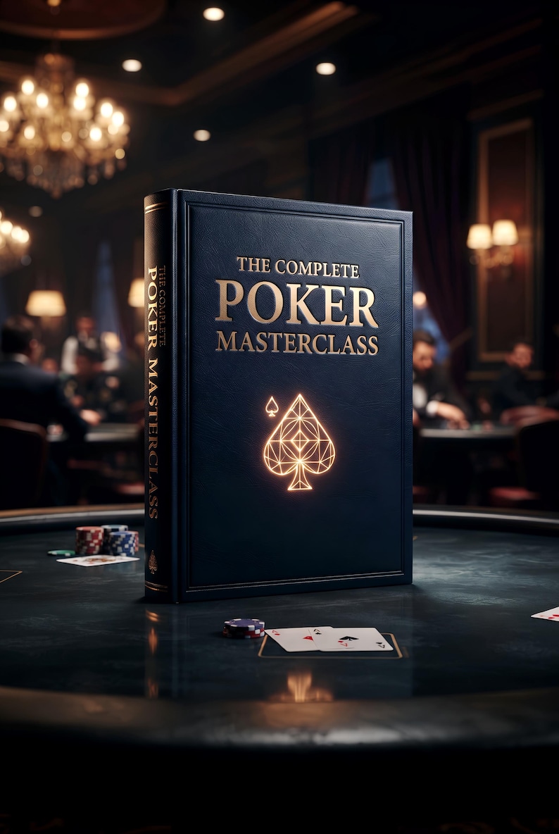 May include: A dark blue hardcover book titled The Complete Poker Masterclass in gold lettering, featuring a glowing geometric spade symbol on the front cover. The book stands upright on a dark surface with scattered poker chips and playing cards.