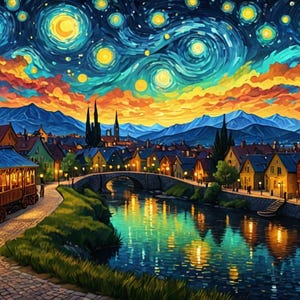 Pu&ograve; includere: Un dipinto che rappresenta una piccola citt&agrave; di notte, con un fiume che la attraversa. Il cielo &egrave; pieno di nuvole vorticose e stelle, e gli edifici sono illuminati da calde luci gialle. Il fiume riflette le luci della citt&agrave; e le stelle del cielo.