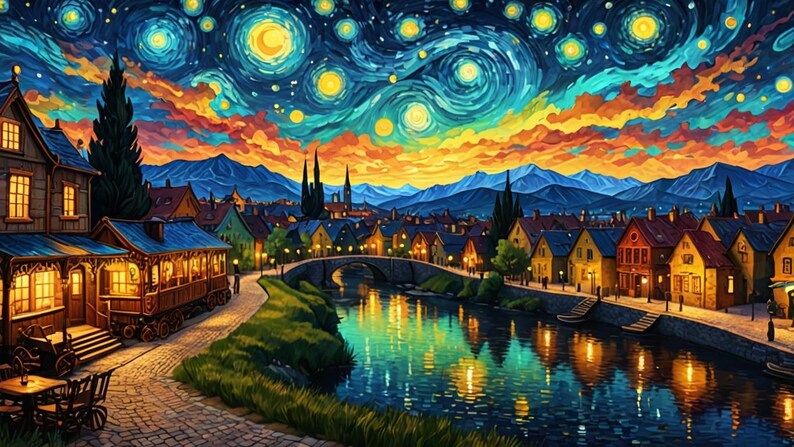 Pu&ograve; includere: Un dipinto che rappresenta una piccola citt&agrave; di notte, con un fiume che la attraversa. Il cielo &egrave; pieno di nuvole vorticose e stelle, e gli edifici sono illuminati da calde luci gialle. Il fiume riflette le luci della citt&agrave; e le stelle del cielo.