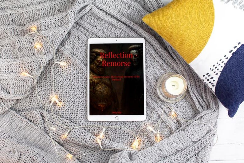 May include: A tablet displaying the book cover "Reflection Remorse" rests on a gray knitted blanket. The cover features a dark, artistic image with red text. A lit candle and decorative lights are also present.