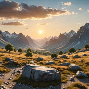 May include: A scenic landscape with a valley surrounded by snow-capped mountains. The sun is setting behind the mountains, casting a warm glow over the scene. There are large rocks scattered throughout the valley.