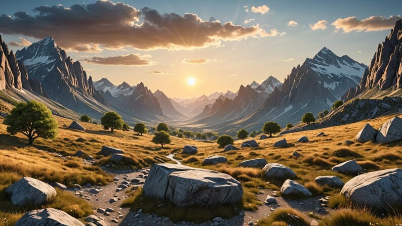 May include: A scenic landscape with a valley surrounded by snow-capped mountains. The sun is setting behind the mountains, casting a warm glow over the scene. There are large rocks scattered throughout the valley.