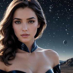 May include: A woman with long brown hair and dark eyes is wearing a black choker necklace and a black top. She is standing in front of a starry night sky with a large ring of light in the background.