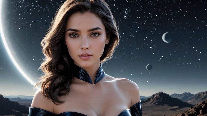 May include: A woman with long brown hair and dark eyes is wearing a black choker necklace and a black top. She is standing in front of a starry night sky with a large ring of light in the background.